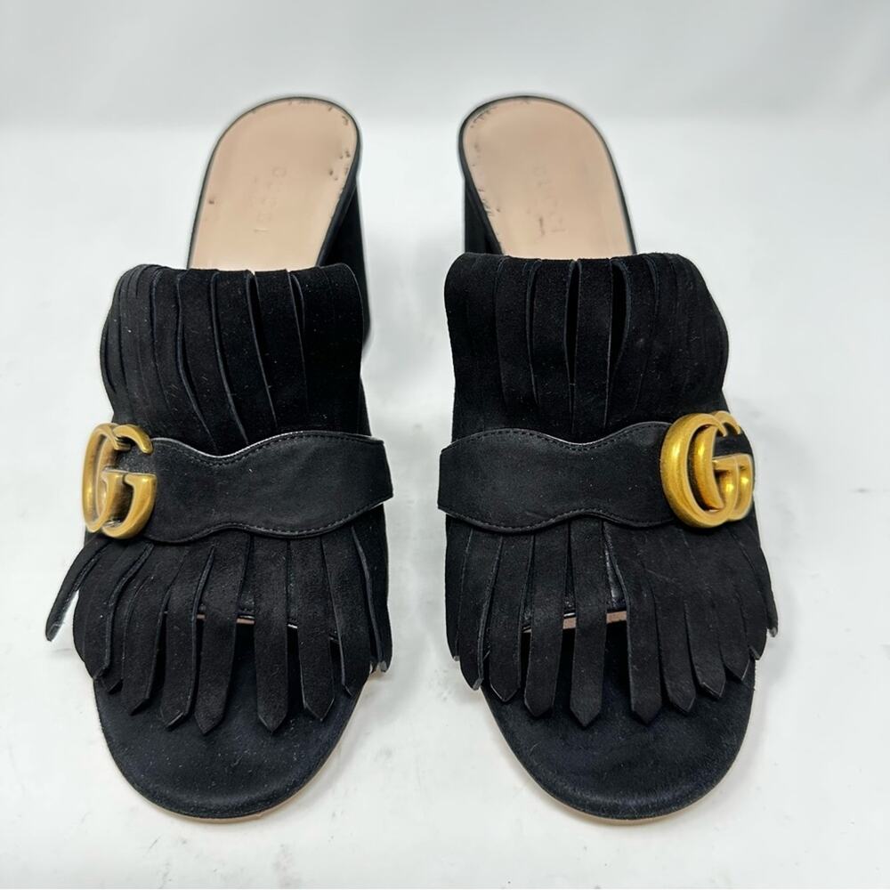 Gucci GG Marmont Black Suede Fringe Mules Sandals Womens Size EU 40 - Picture 2 of 11